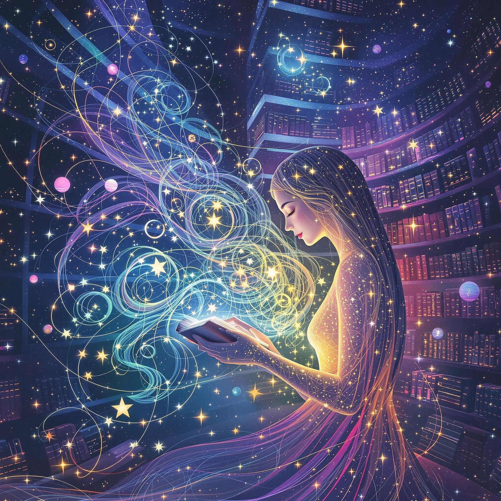 Surreal Cosmic Librarian Organizes Glowing Constellations wi...