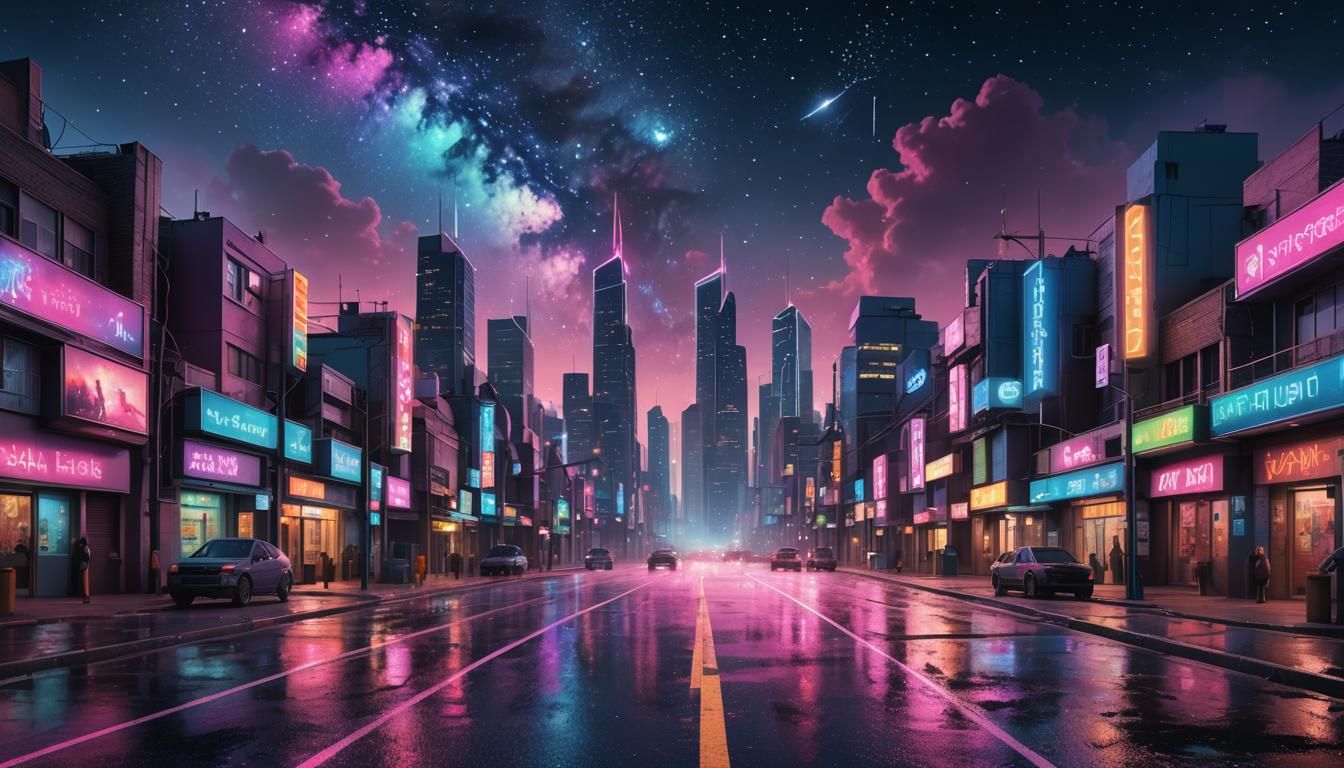 Vibrant Pixel Art Cityscape Under Starry Sky