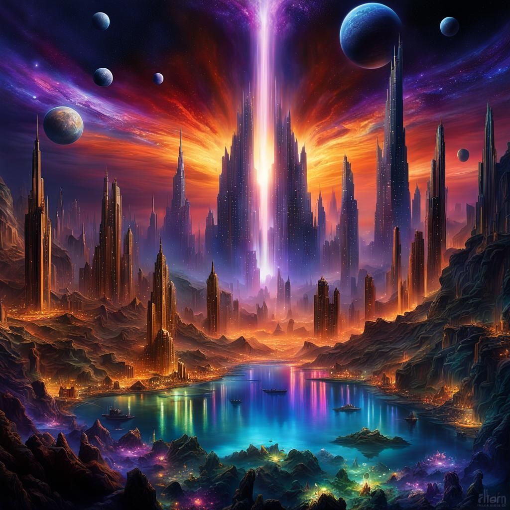 Futuristic Atlantis Megapolis in Psychedelic Art Style