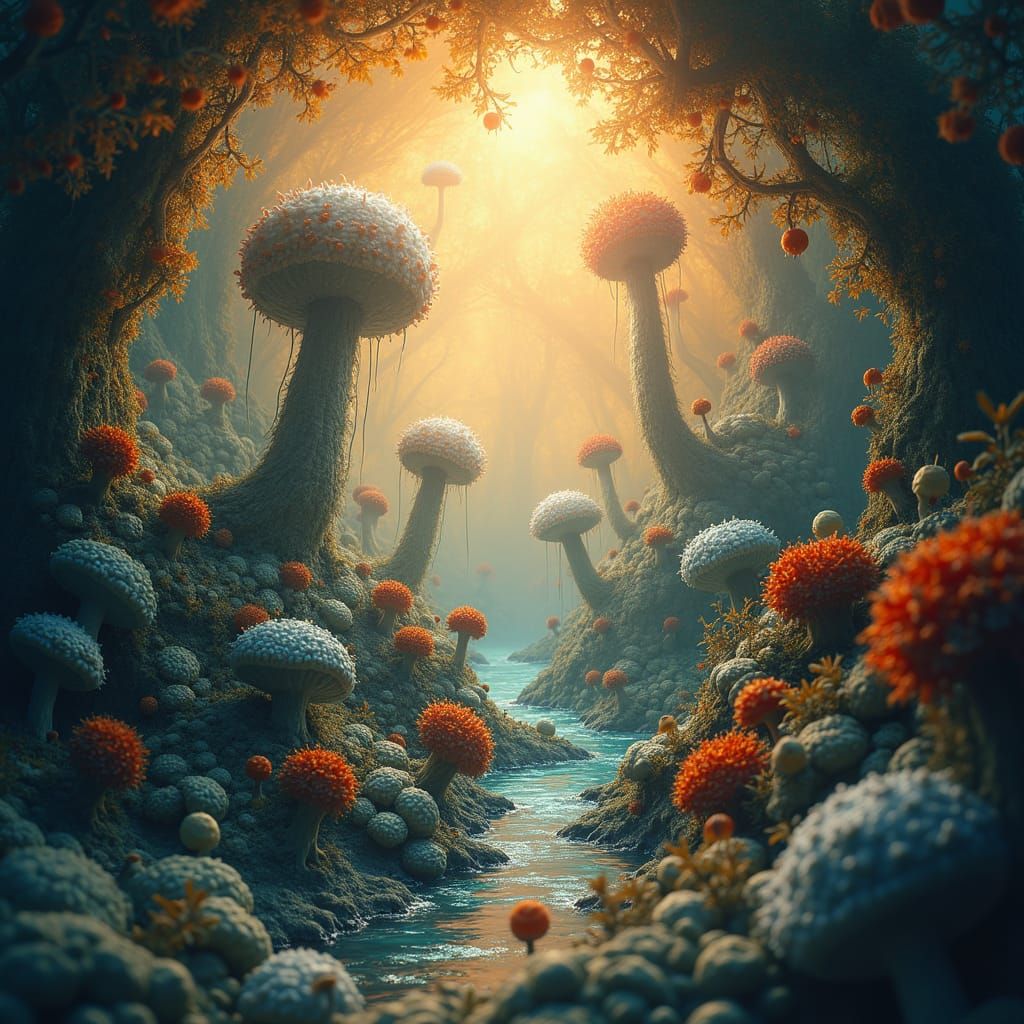 Balanced Microscopic Ecosystem in Dreamlike Art Style