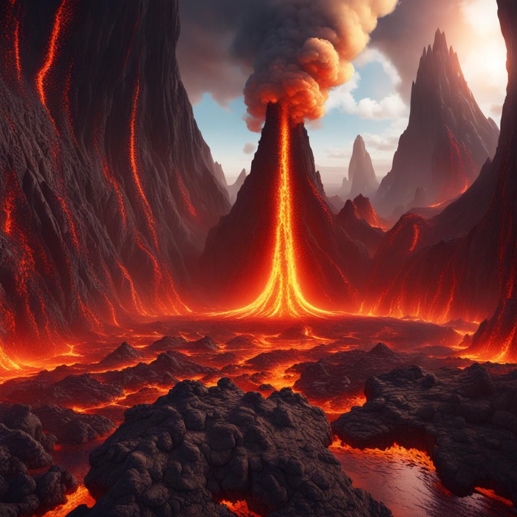 Fiery Inverted World Volcano Landscape