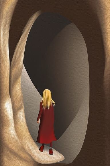 Girl Walks Through Cave Towards Giant Face