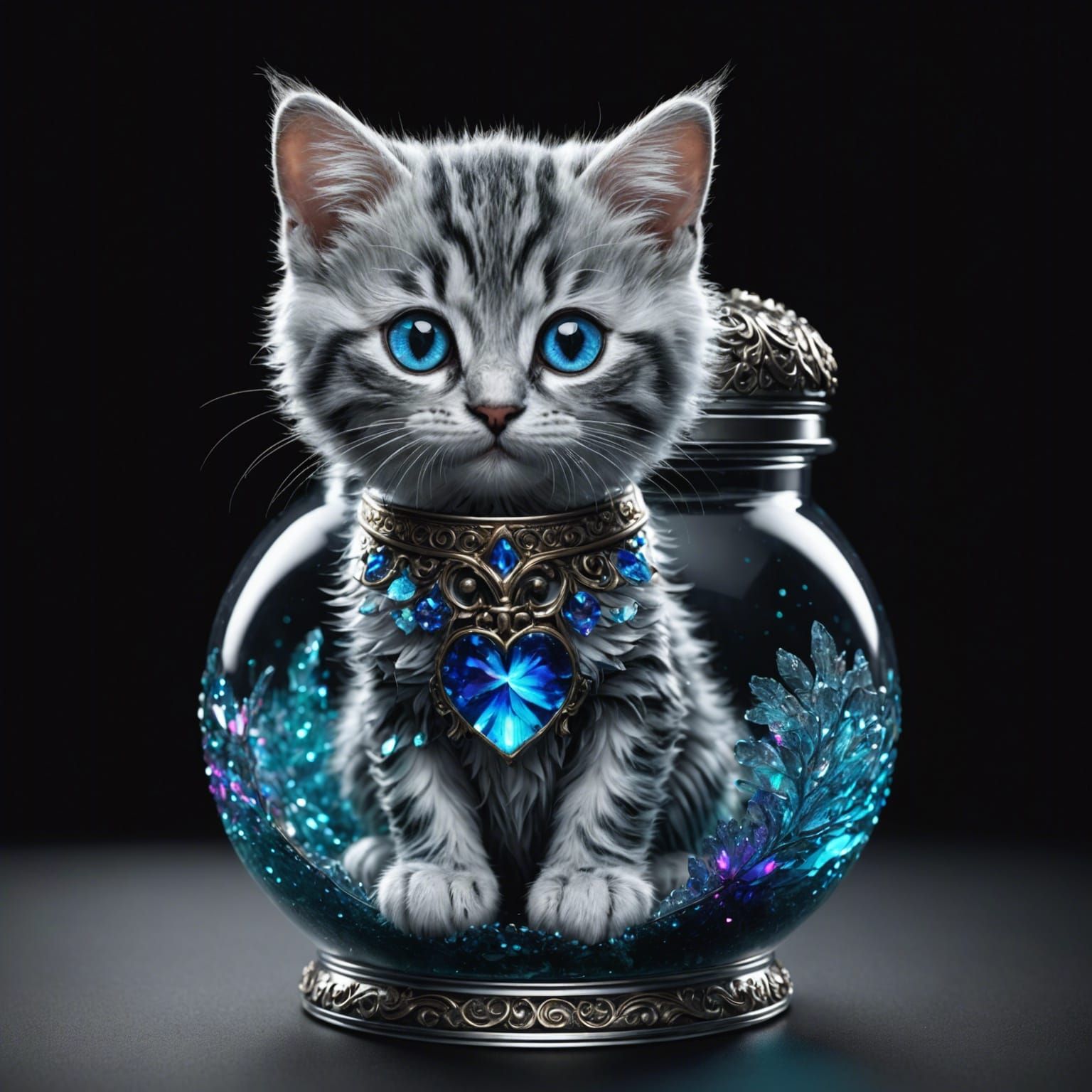 Kitten with Crystal Eyes in Jar, Digital Art