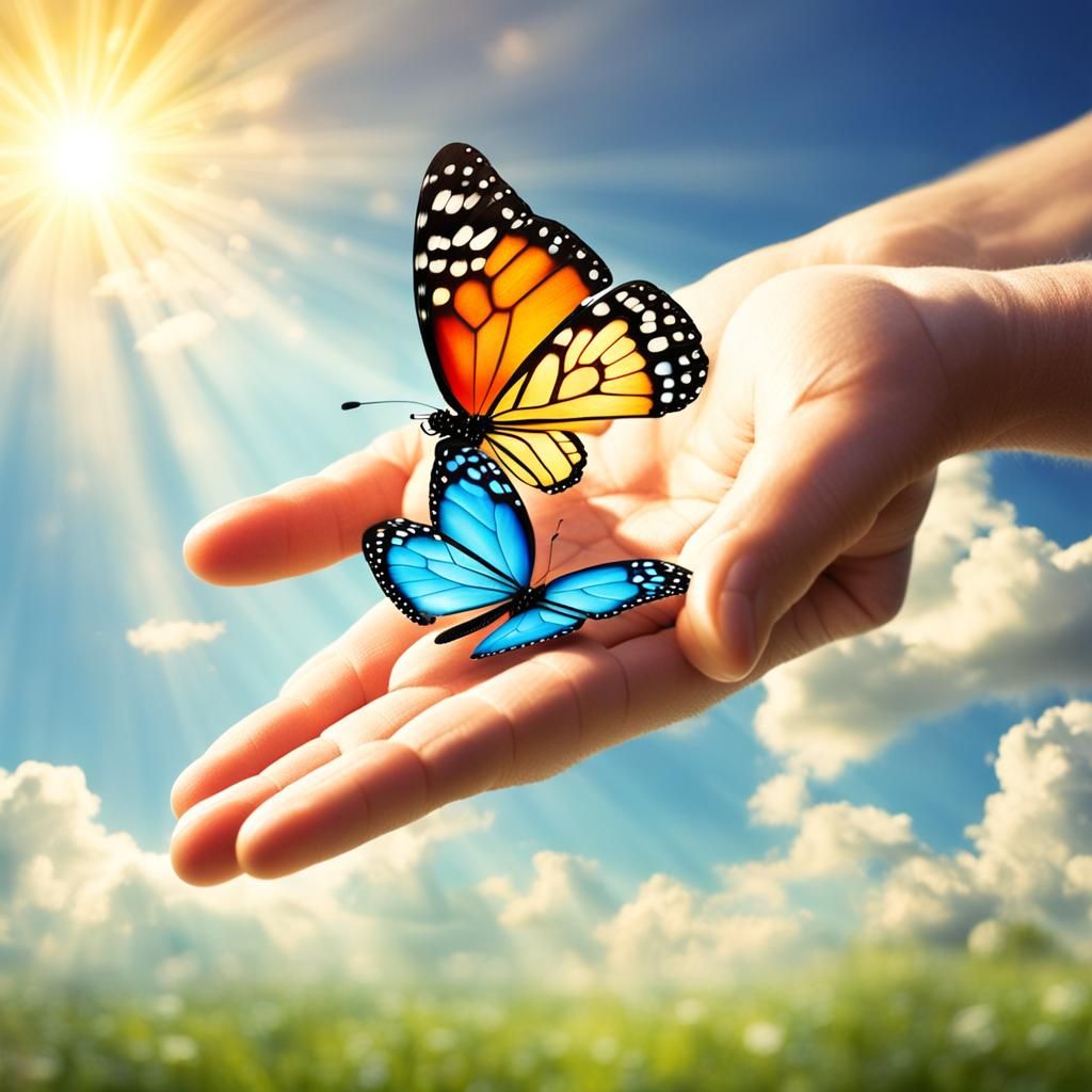 Butterflies in Hand Under Divine Light