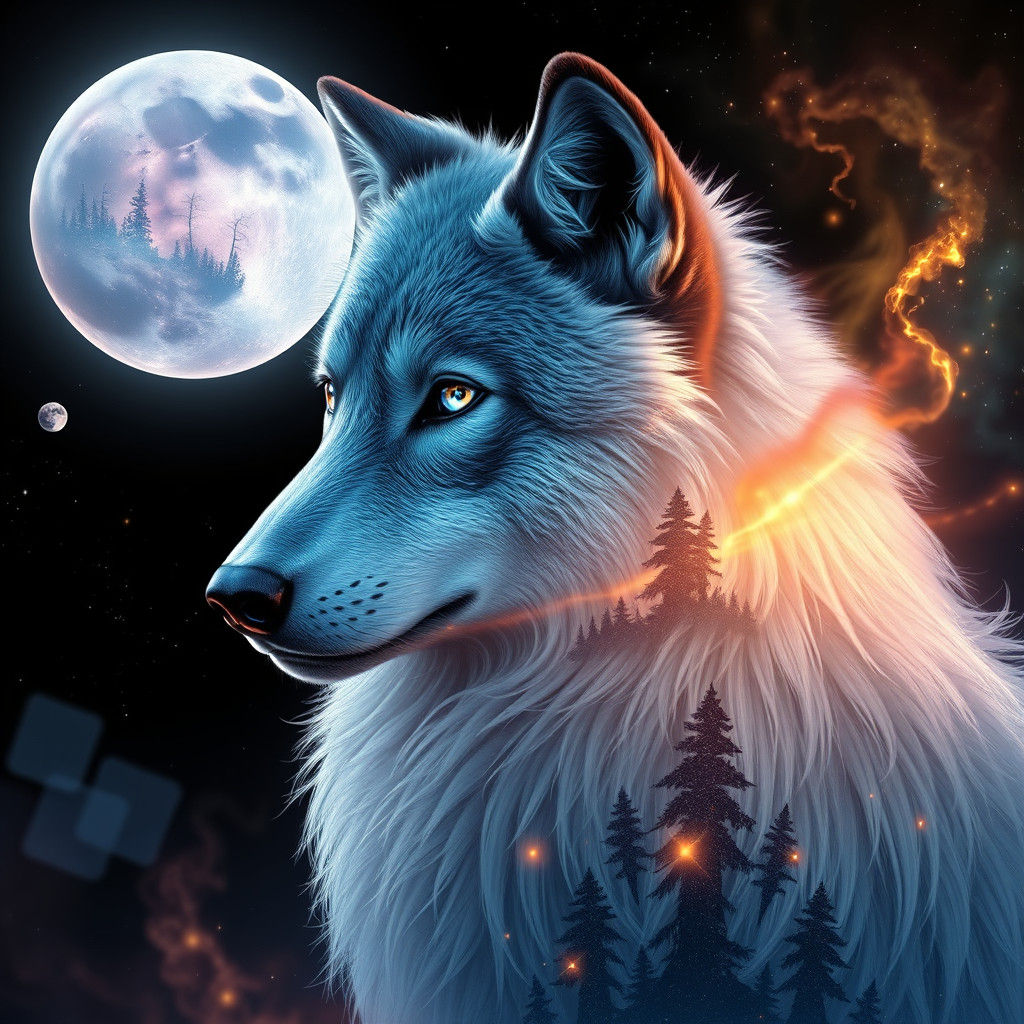 Ethereal Wolf with Cosmic Aura in Dreamlike Landscape