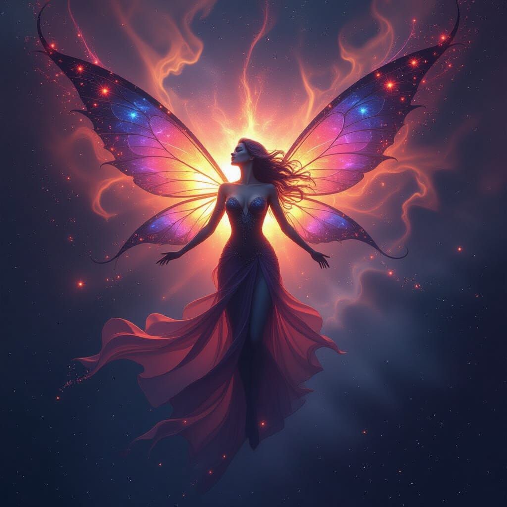 Cosmic Fairy Born From Starlight, in Dark Fantasy Style