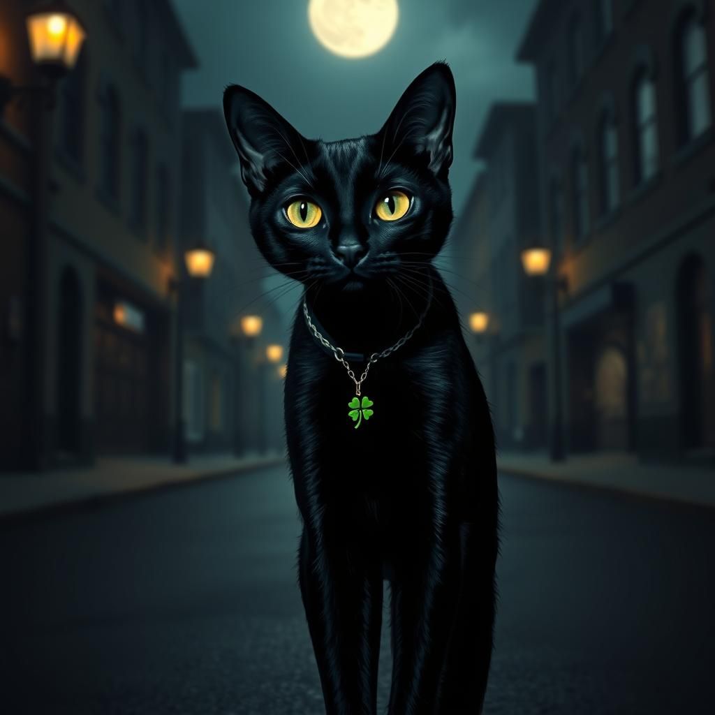 Black Cat with Clover in Noir Digital Art