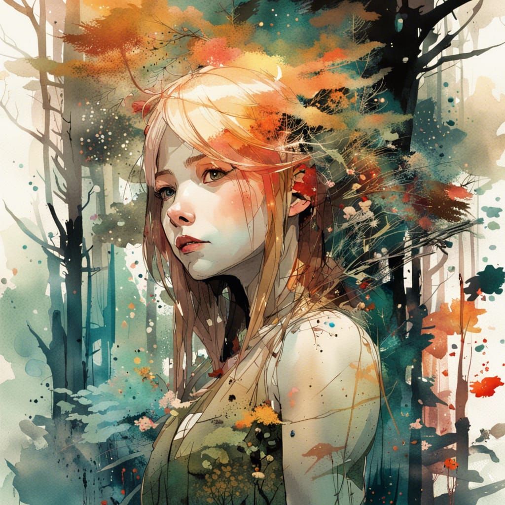 Fairytale Forest Woman in Watercolor Style