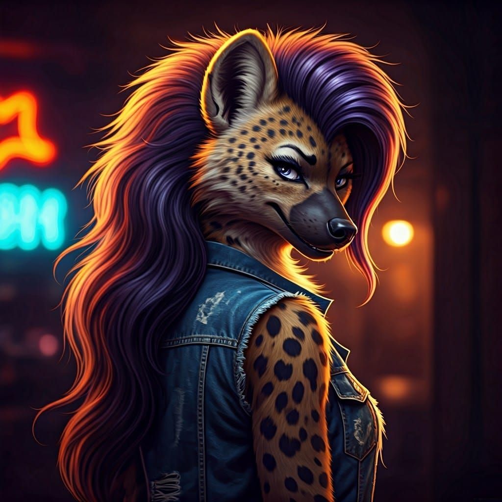 Seductive Furry She-Hyena in Neon Lit Dive Bar