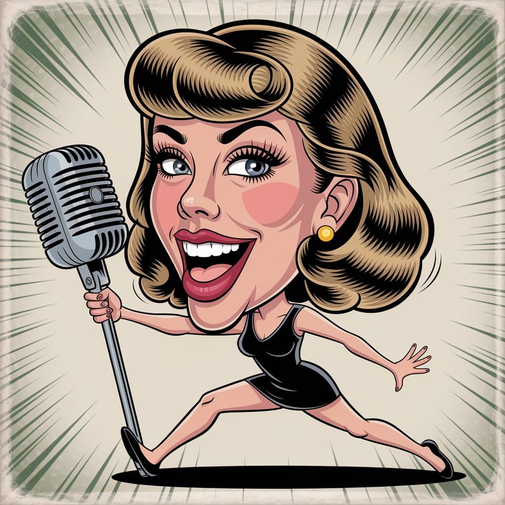 Taylor Swift Zany Vintage Cartoon Caricature in 1940s Style