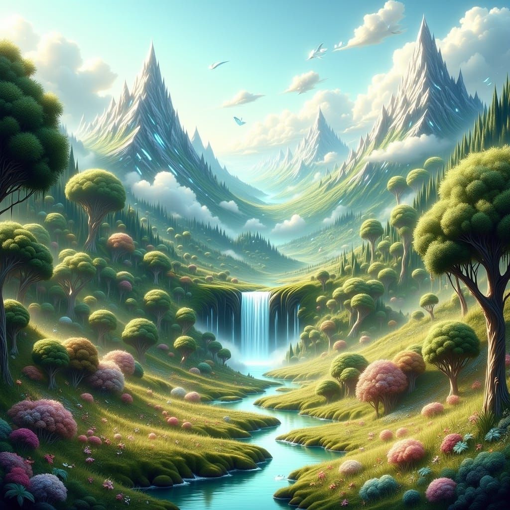 Whimsical Storybook Scene: Mountains and Waterfalls
