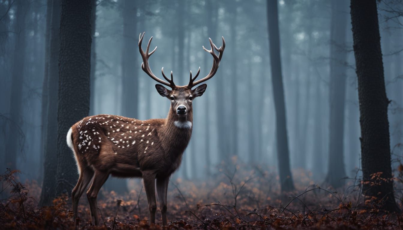 A Majestic Deer in Misty Forest Landscape