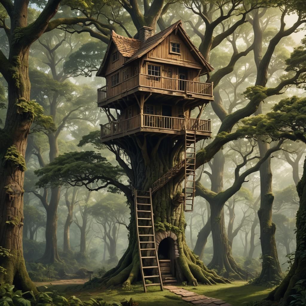 Oak Treehouse in Forest: Detailed Matte Painting
