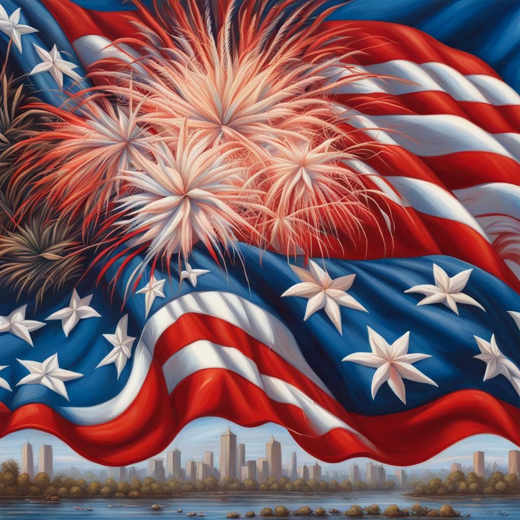 Detailed USA Flag Postage Stamp with Fireworks