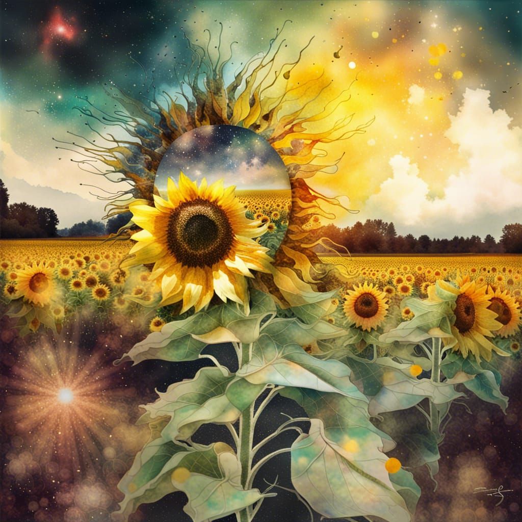 Surreal Sunflower Space Landscape in Watercolor