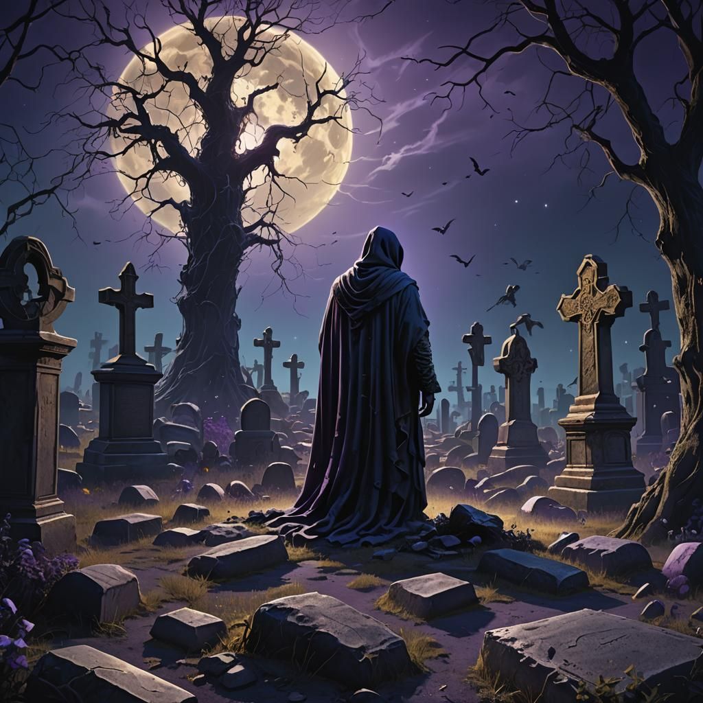 Mystical Graveyard Figure Emerges in Dreamlike 3D Art