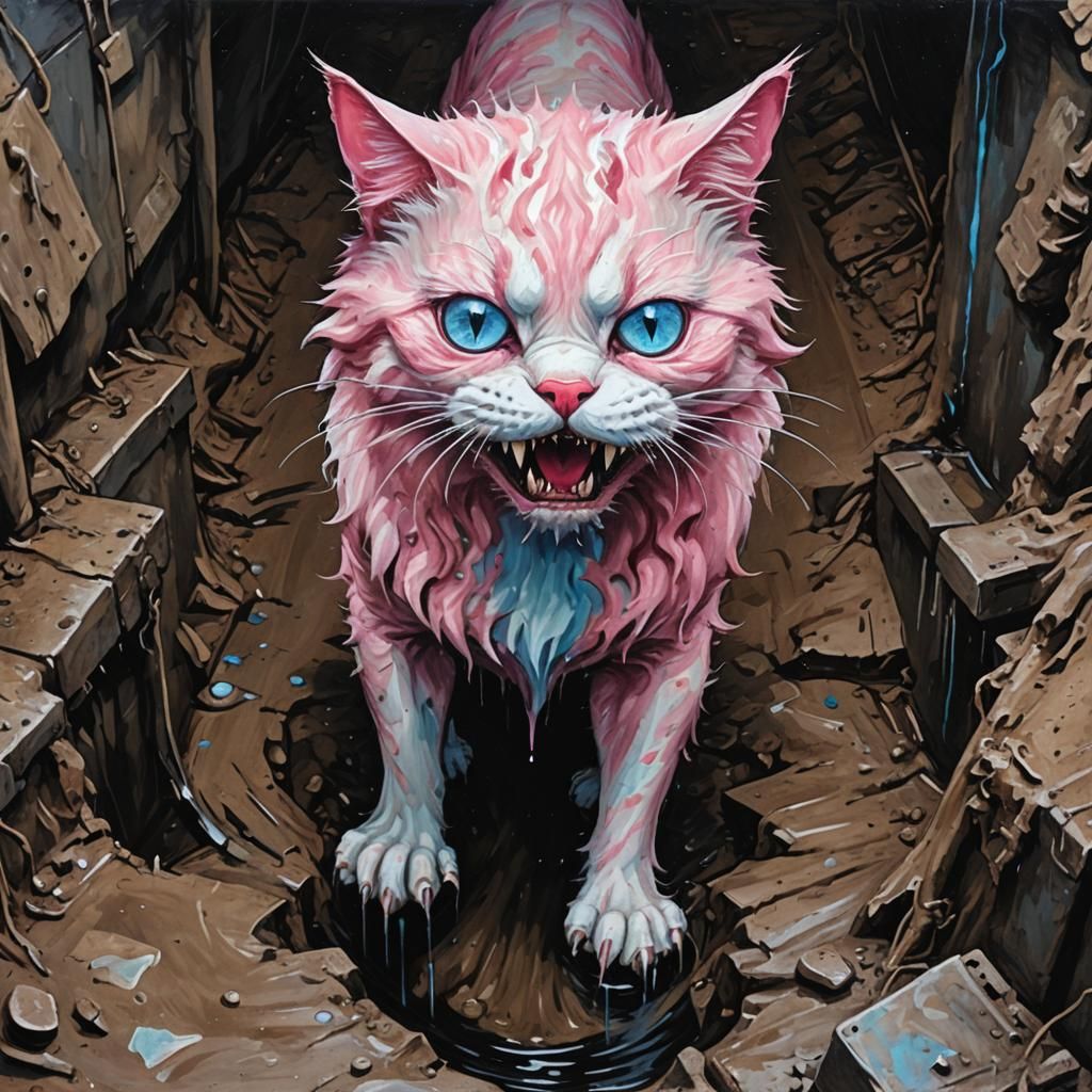 Monstrous Pink Cat Lurking in Sewer: Horror Art