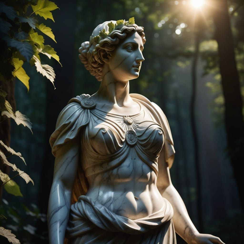 Roman Statue in Moody Forest, Golden Hour Light