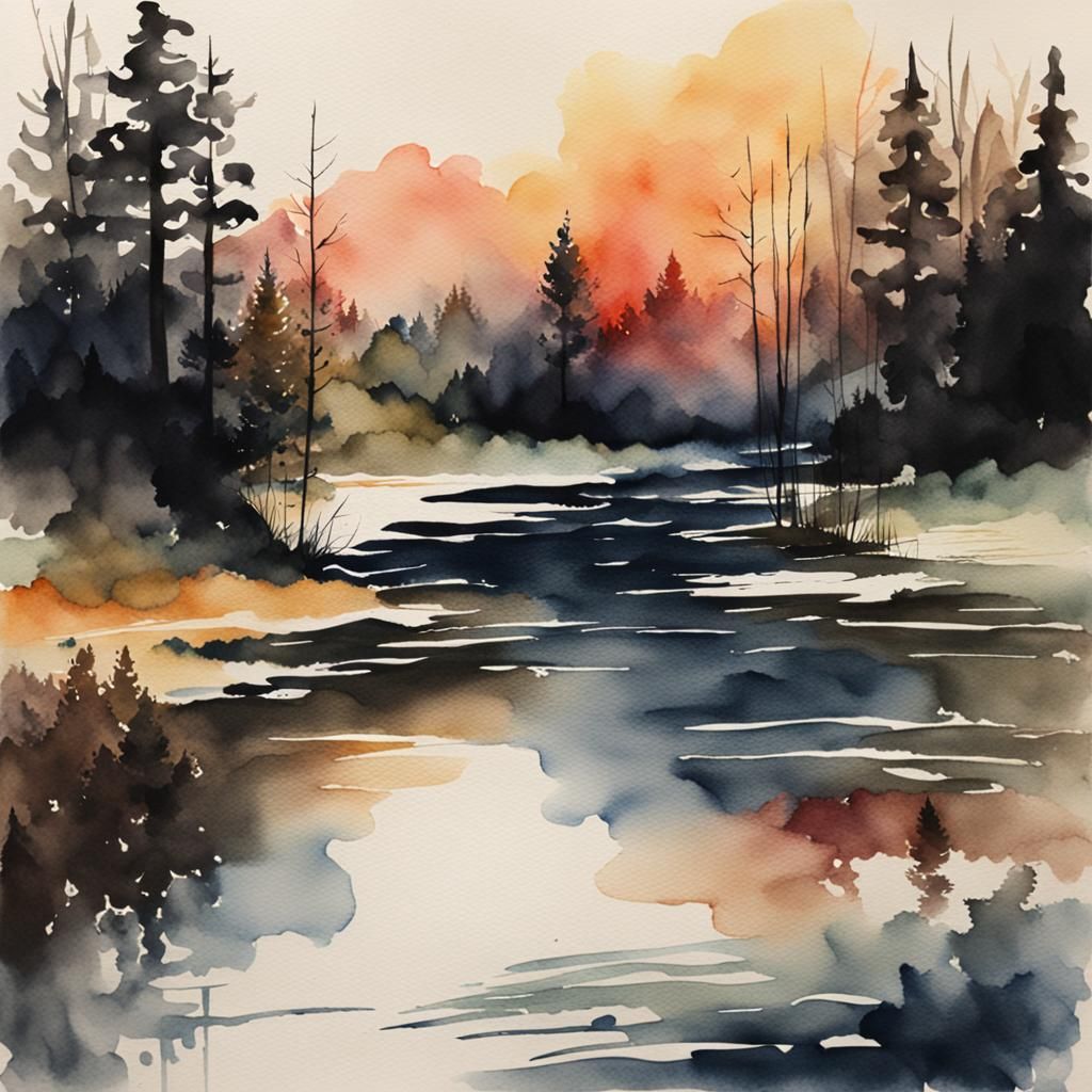 Watercolor Landscape with Watery Details