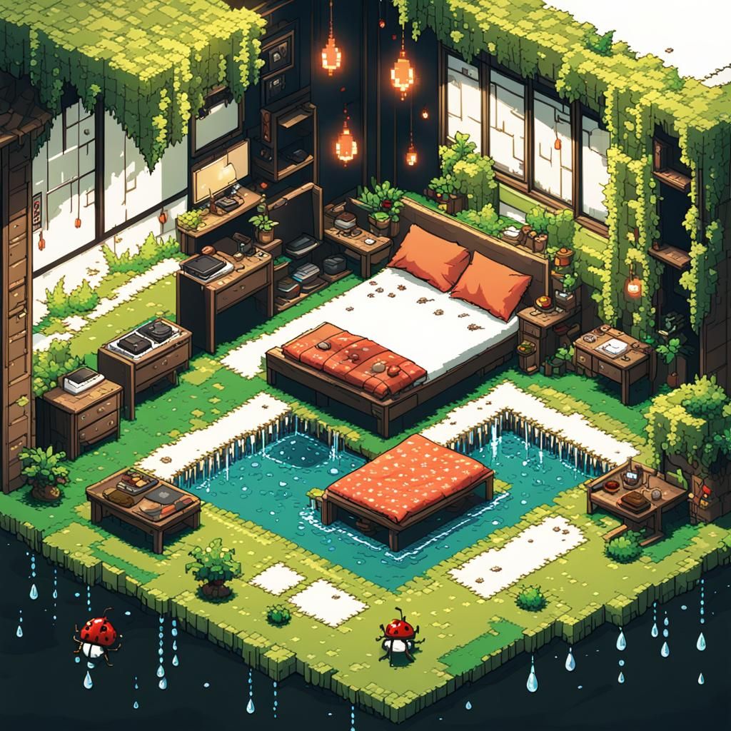 8-Bit Pixel Ladybug Bedroom in Anime Style