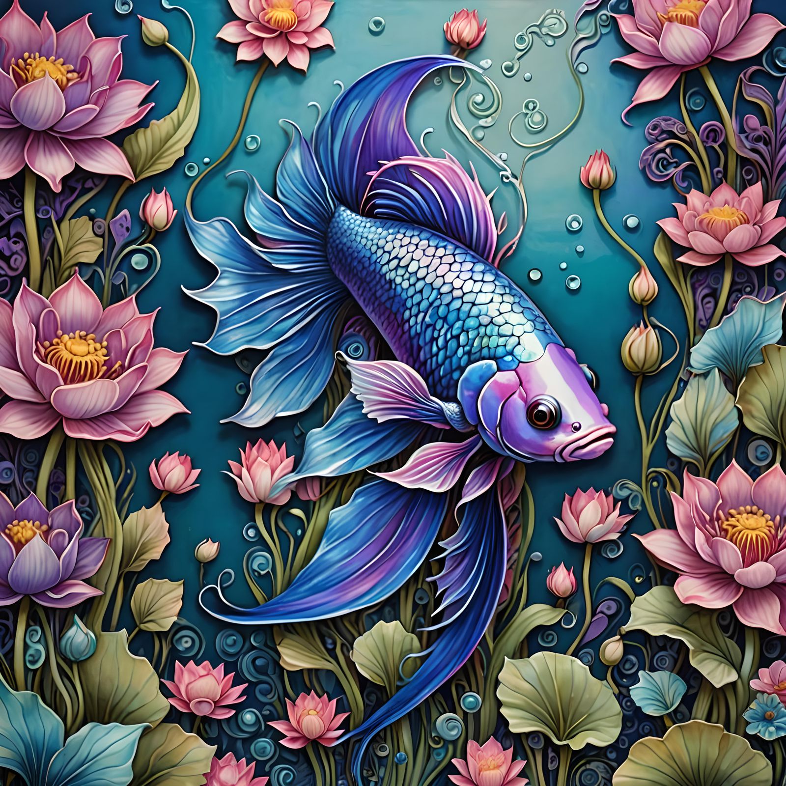 Intertwined betta fish, bright blue, bright purple and pink ...
