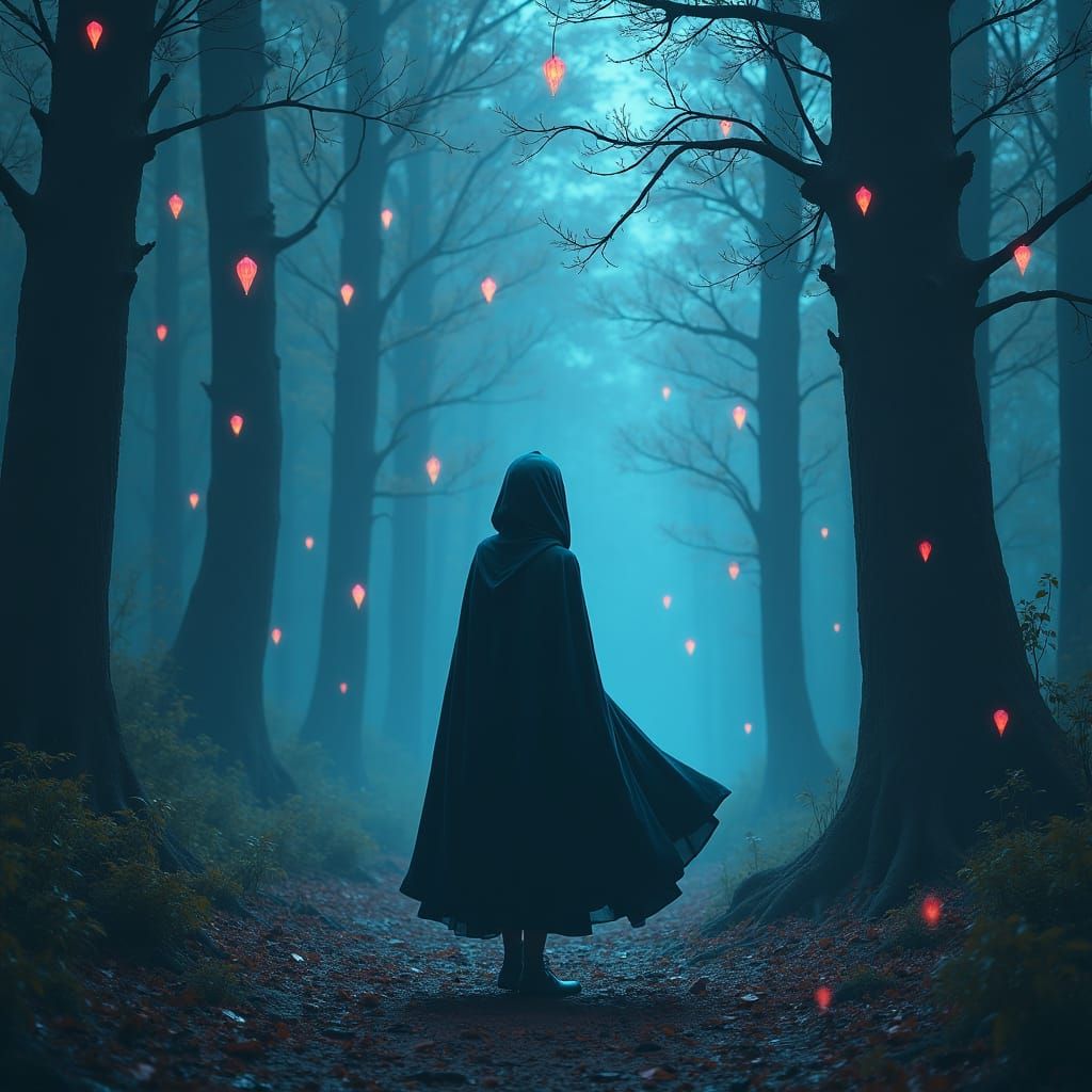 Woman in Forest with Diamond Rain, Surreal Art