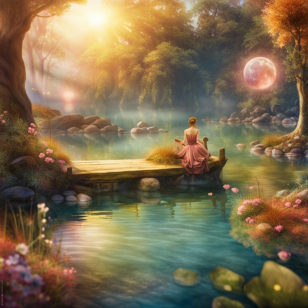 Enchanted Lake Scene with Fairies and Elves