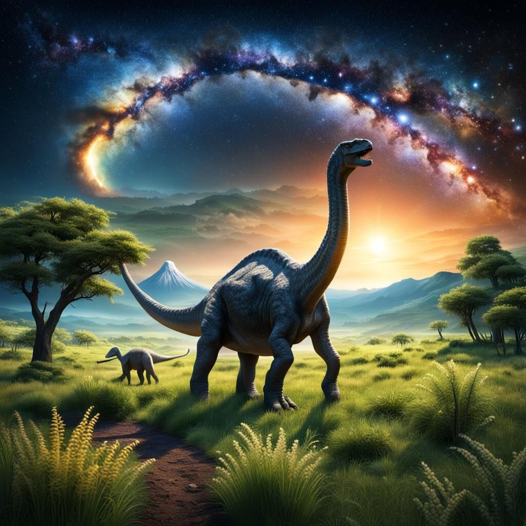 Brachiosaurus Under Milky Way With Volcano
