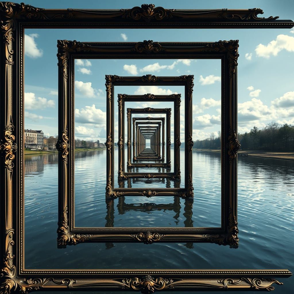 Recursive River Scene in Ornate Frame