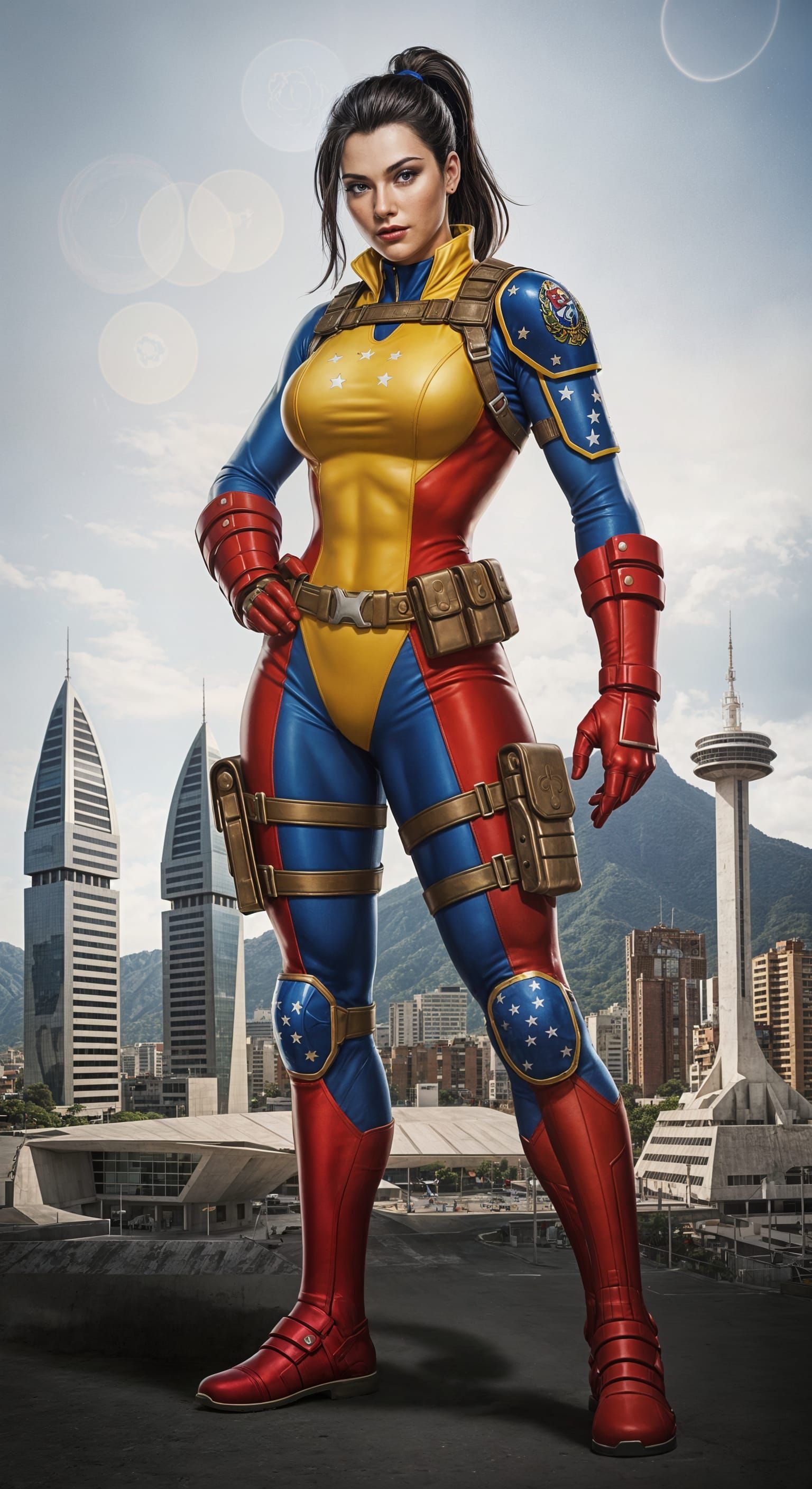 Venezuelan Superhero Poses in Caracas, Hyperrealistic Photog...