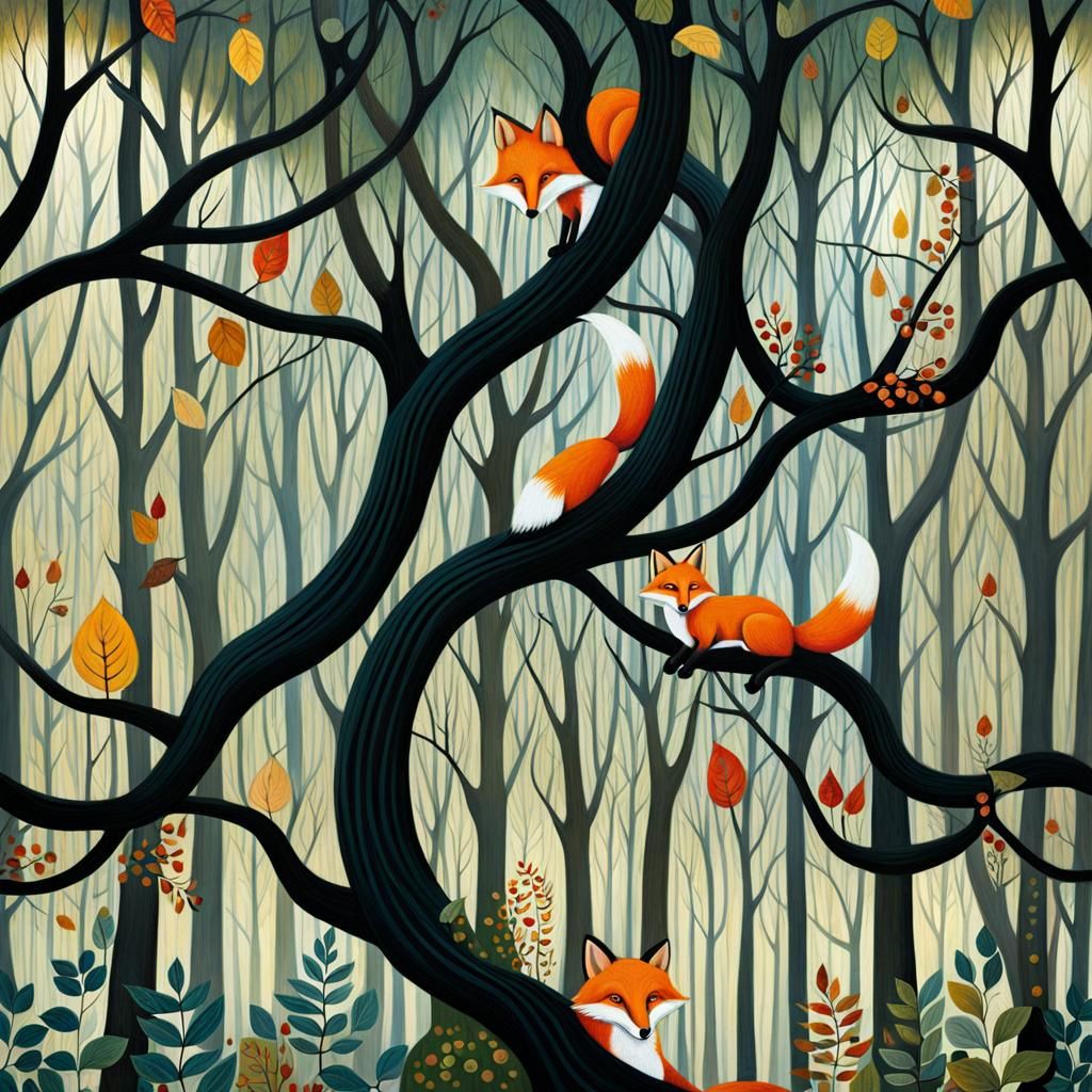 Whimsical Fox in Forest Painting, Folk Art Style