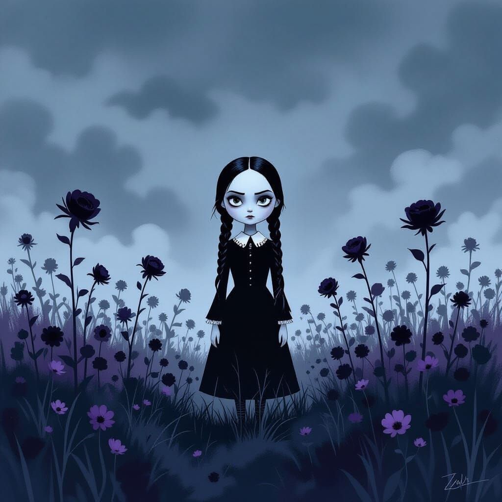 Wednesday Addams in a Field of Withered Flowers