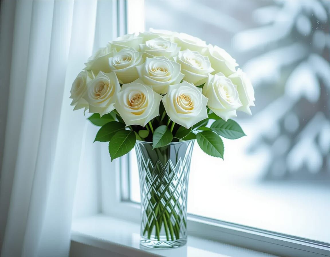Elegant White Roses in Crystal Vase