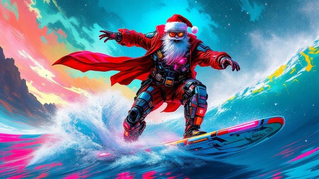 Cyberpunk Santa Surfing with Neon Lights