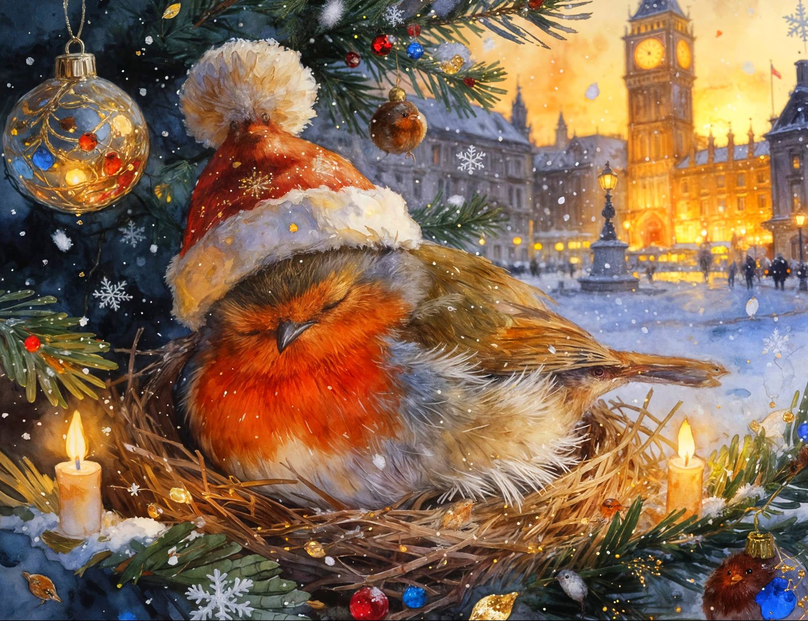 Cozy Christmas Robin in Snowy London Square