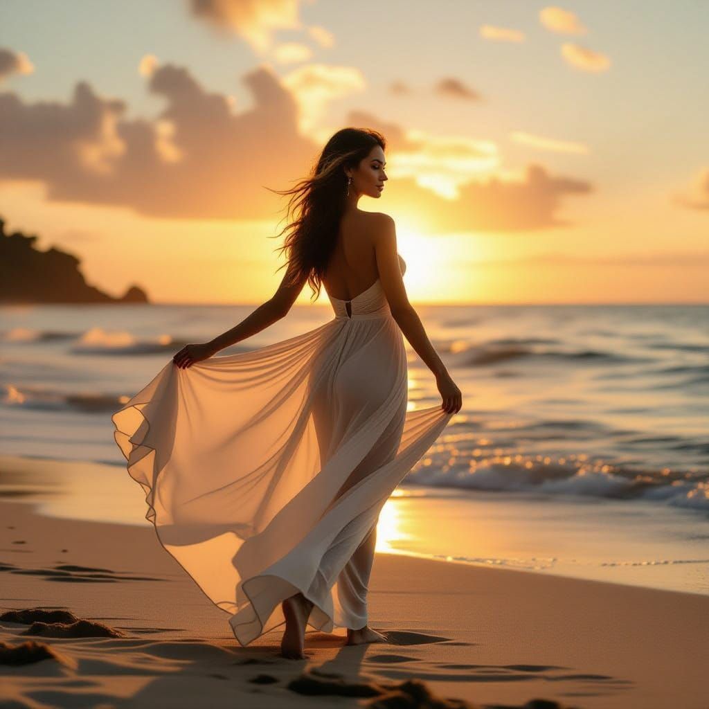 Elegant Woman on Sunset Beach in Golden Hour Light
