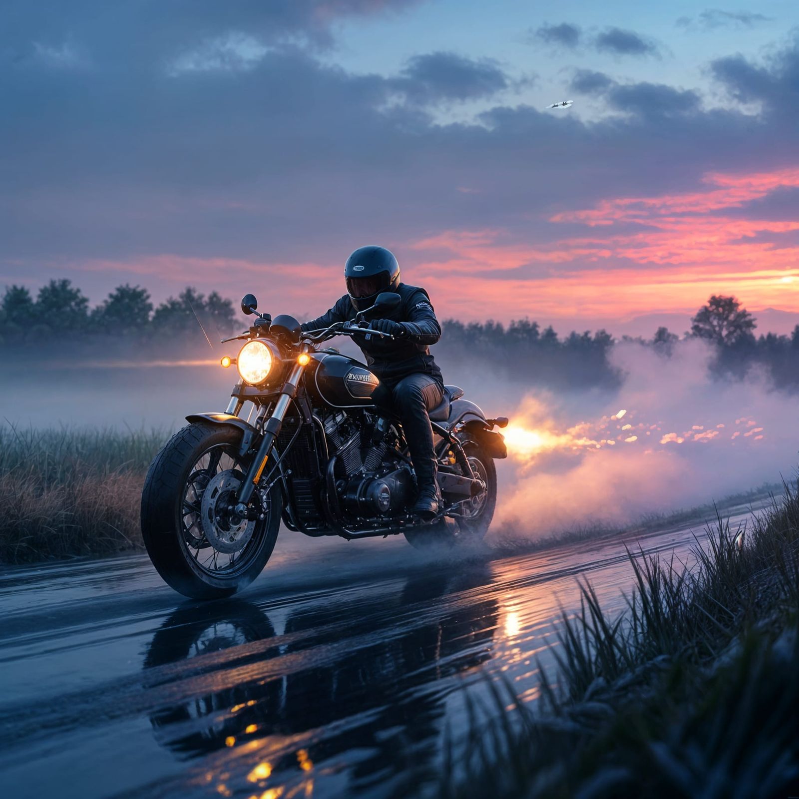 High Beam Motorbike on a Marsh Landscape