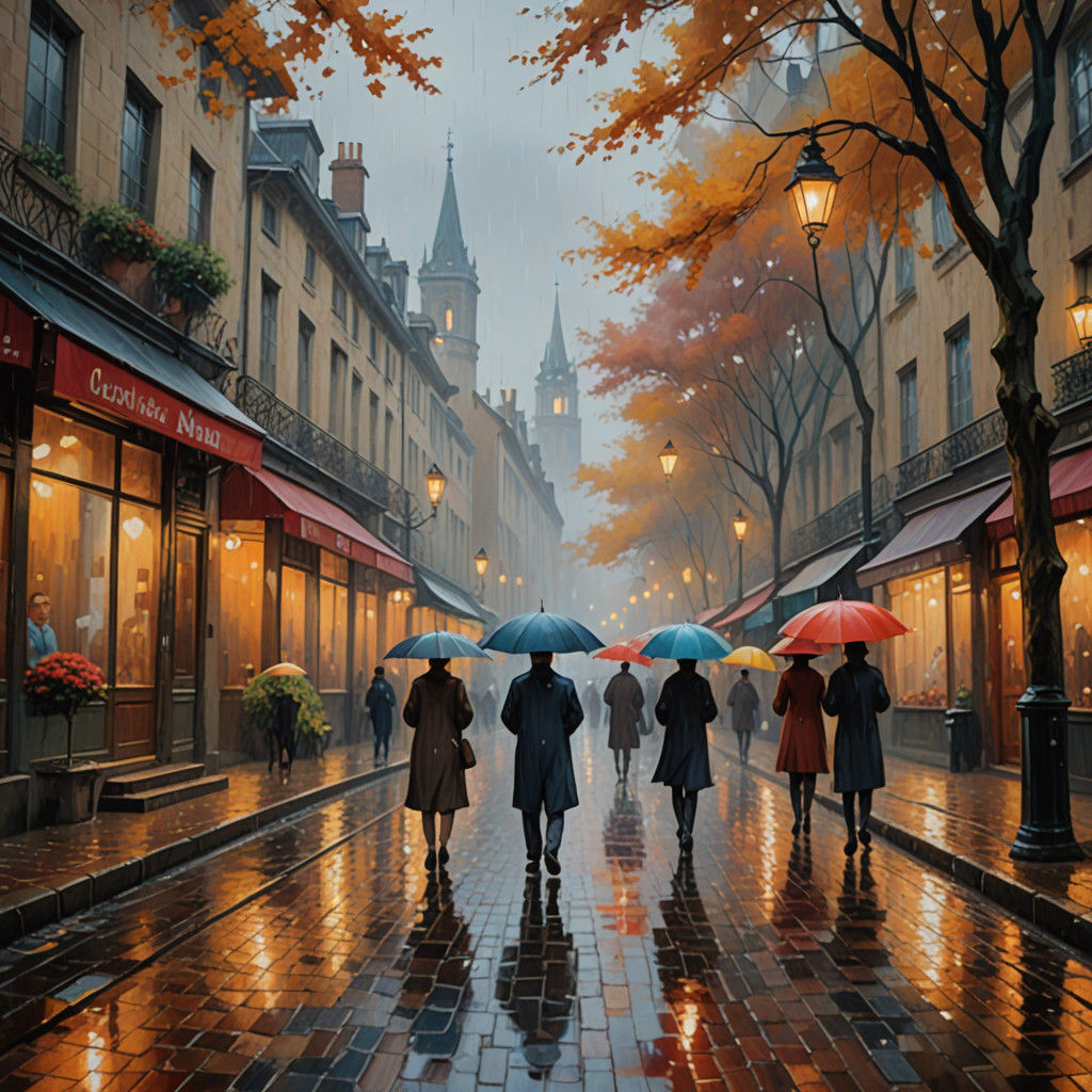 Vibrant Cobblestone Street Scene in Impressionist Style