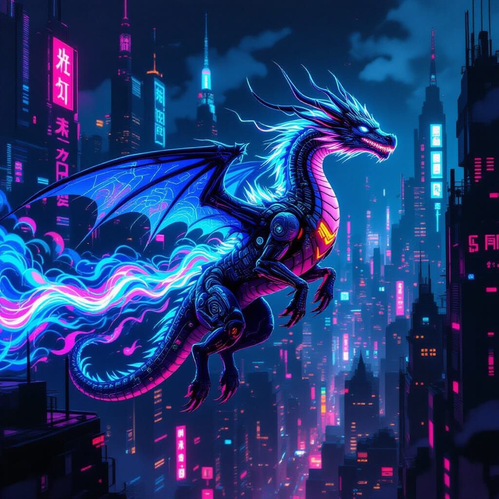 Cybernetic Dragon Soars Through Neon Cityscape