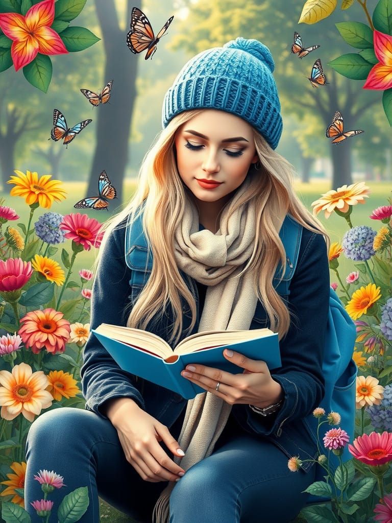 Serene Woman Amidst Vibrant Floral Arrangement in Watercolor...