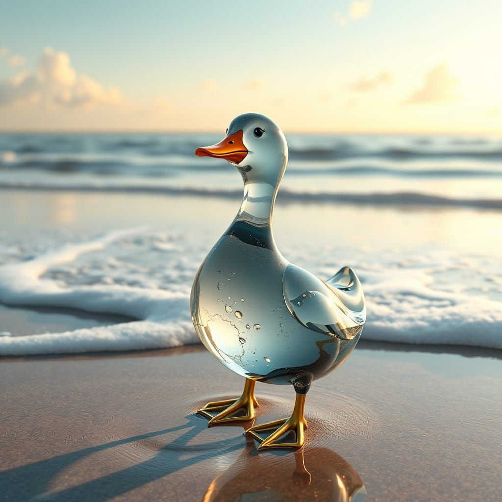Glass Duck on Serene Beach in Anime Style