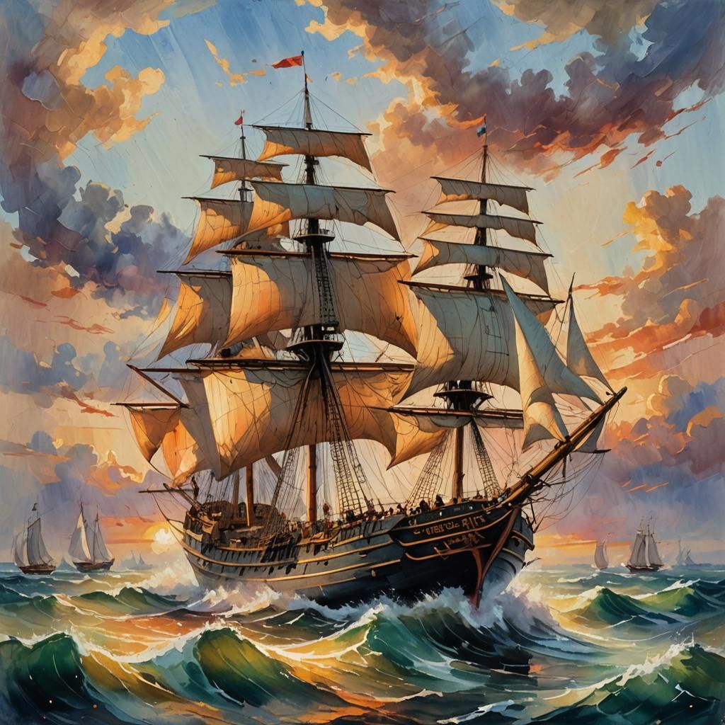 Impressionist Ship at Sunset in Maximalist Style