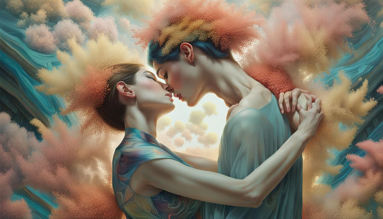 Interconnected Figures in Warped Perspective: Detailed Art