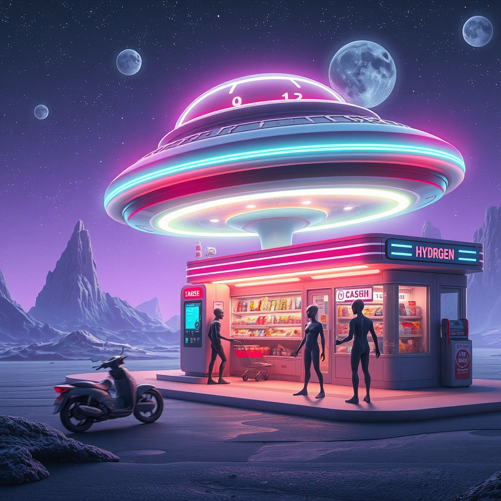 Futuristic UFOs at Hydrogen Gas Station in Jansson Style