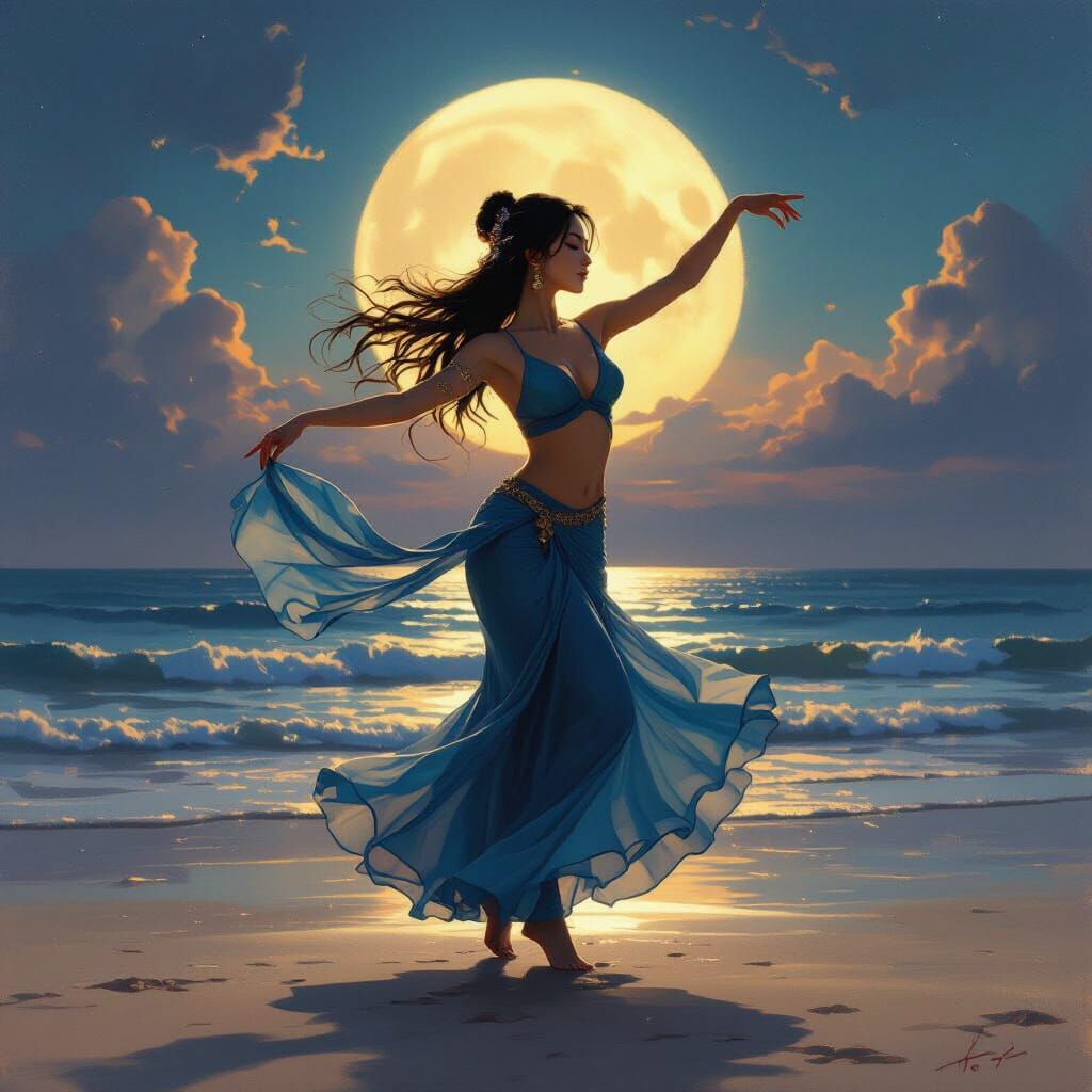 Ethereal Woman Dancing on Moonlit Beach in Magical Realism S...