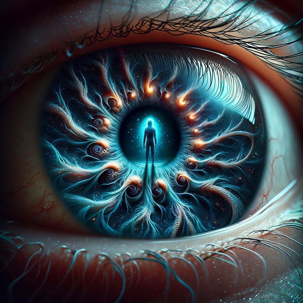 Surreal Eye Reflects Tentacled Shadow in Bioluminescent Deta...