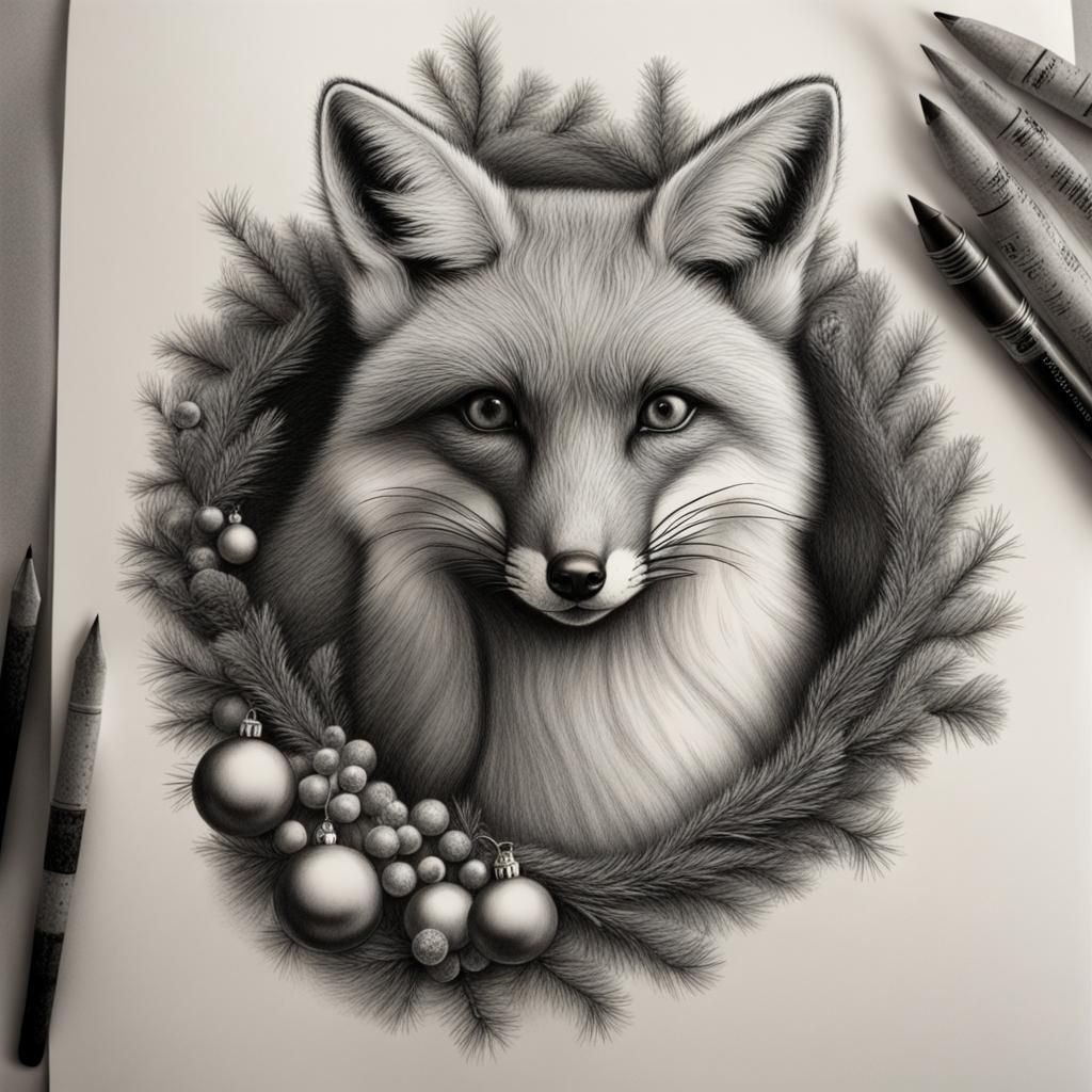 Detailed Charcoal Drawing of a Fox Christmas Cake