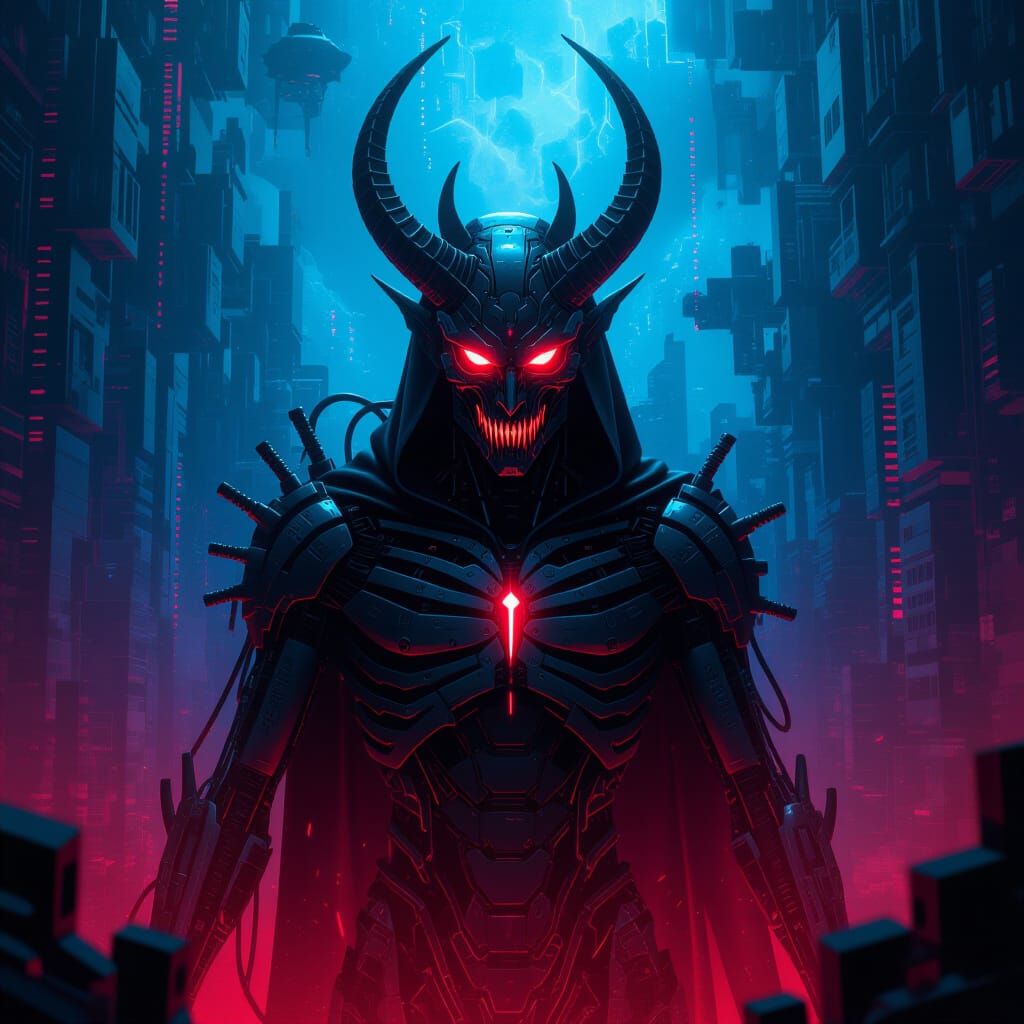Cybernetic Demon in Glitching Digital Realm