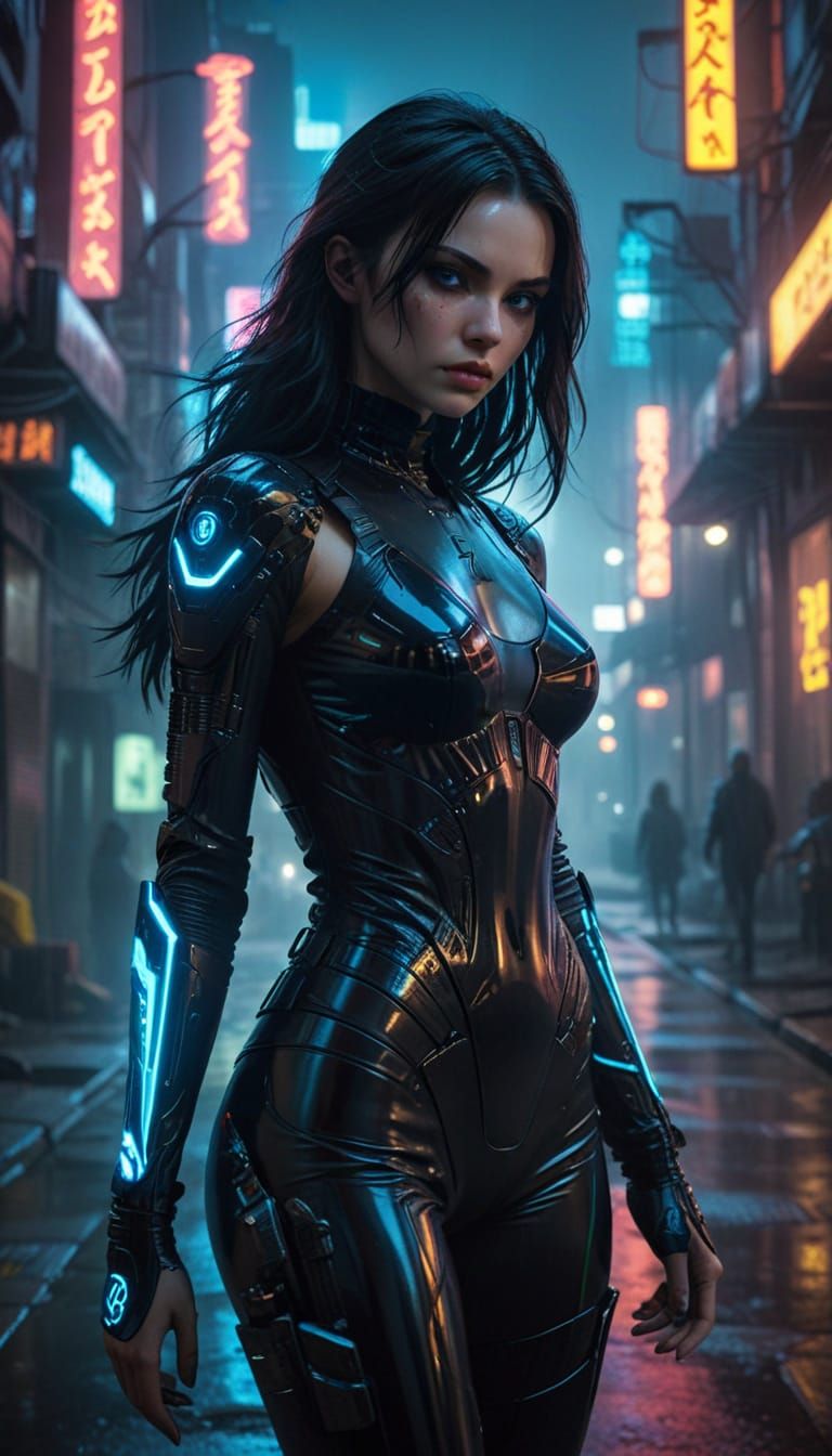 Hauntingly Beautiful Cyberpunk Goddess in Neon Lit Cityscape