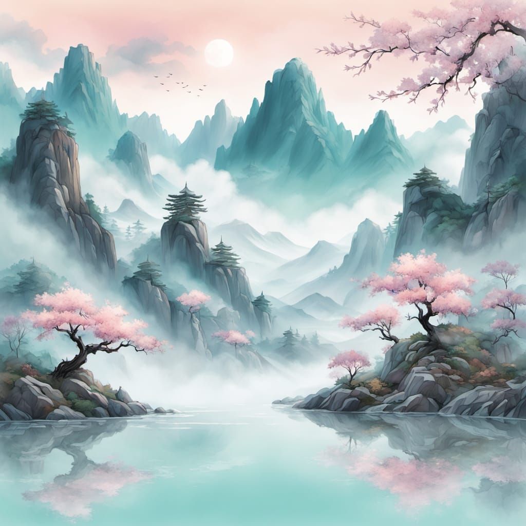Ethereal Chinese Landscape with Misty Peaks and Cherry Bloss...